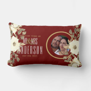 40th PHOTO Wedding Anniversary Floral Ruby Gold Lumbar Cushion
