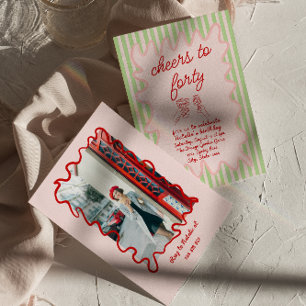 40th Pink Drawn Colourful Stripes Photo Birthday Invitation