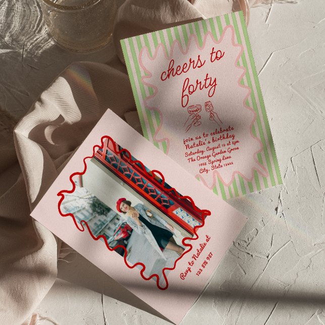 40th Pink Drawn Colourful Stripes Photo Birthday Invitation (Creator Uploaded)