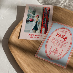 40th Pink Hand Drawn Cake Quirky Photo Birthday Invitation