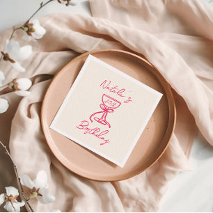 40th Pink Hand Drawn Champagne Bow Glass Birthday Napkin