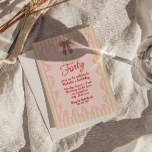 40th Pink Hand Painted Bow Hello Forty Birthday Invitation
