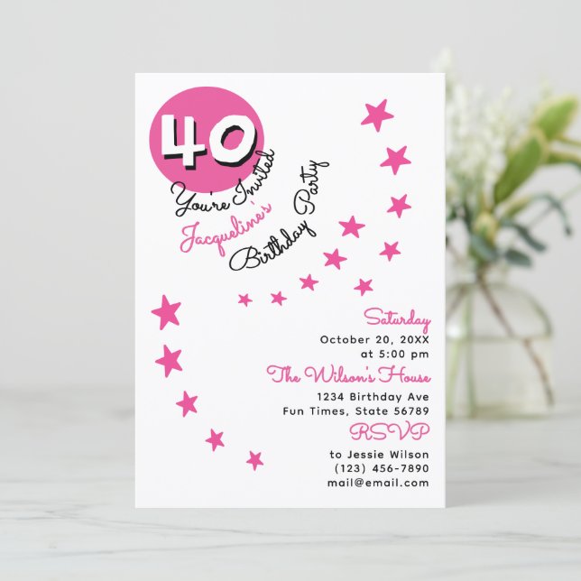 40th Pink Happy Birthday Custom Name Invitation (Standing Front)