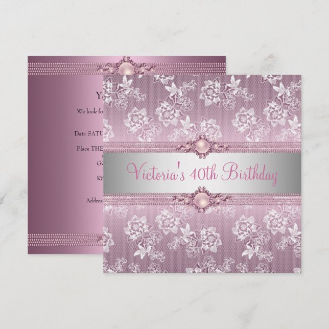 40th Pink White Silver Lace Floral Birthday Party Invitation (Front/Back)