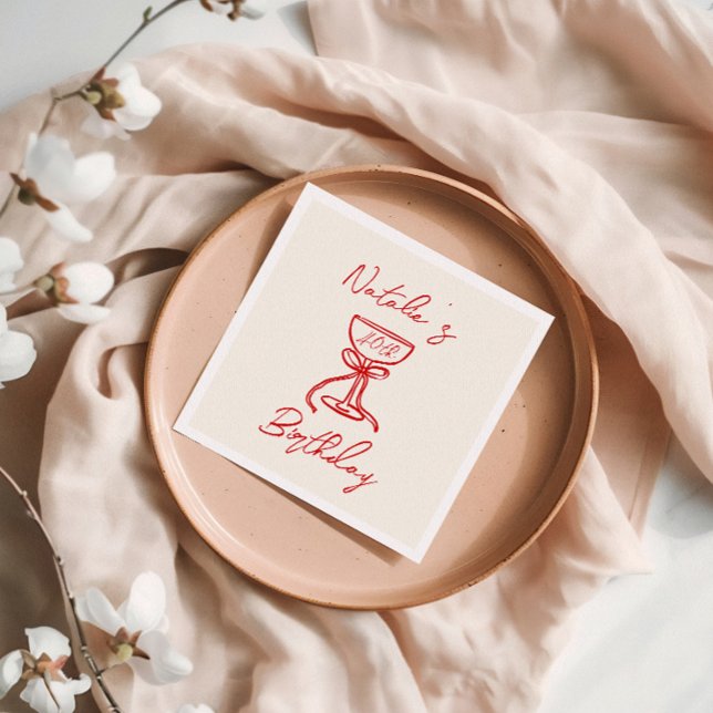 40th Retro Hand Drawn Bow Champagne Glass Birthday Napkin (Creator Uploaded)