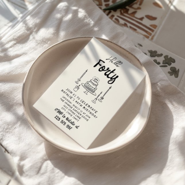 40th Retro Hand Drawn Cake Hello Forty Birthday Invitation (Creator Uploaded)