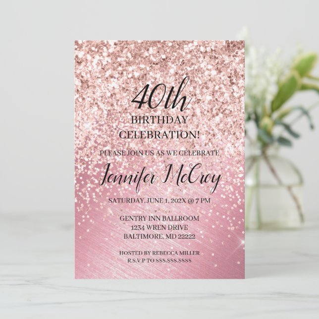 40th Rose Gold Glitter Fab Glam Birthday Party Inv Invitation (Standing Front)