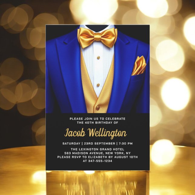 40th Royal Blue and Gold Tuxedo Birthday Event Invitation (Creator Uploaded)