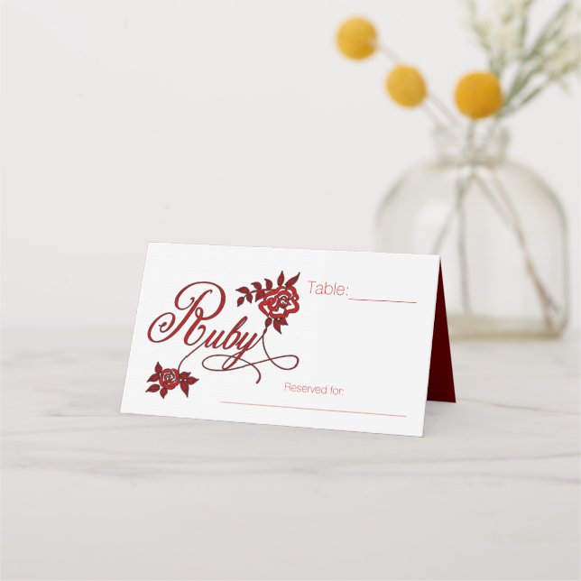 40th Ruby Anniversary Party with White Roses Place Card (Front)