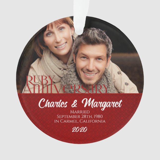 40th Ruby Anniversary Red and White Photo Ornament (Front)