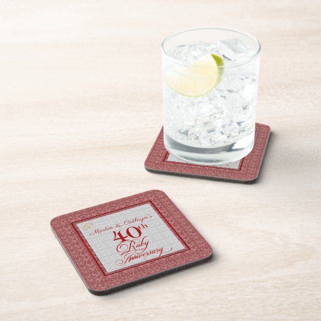 40th Ruby Anniversary Red Damask Coaster (Right Side)