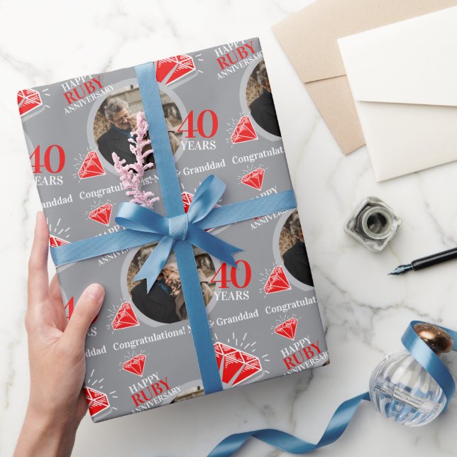 40th ruby anniversary silver ring photo custom wrapping paper (Gifting)