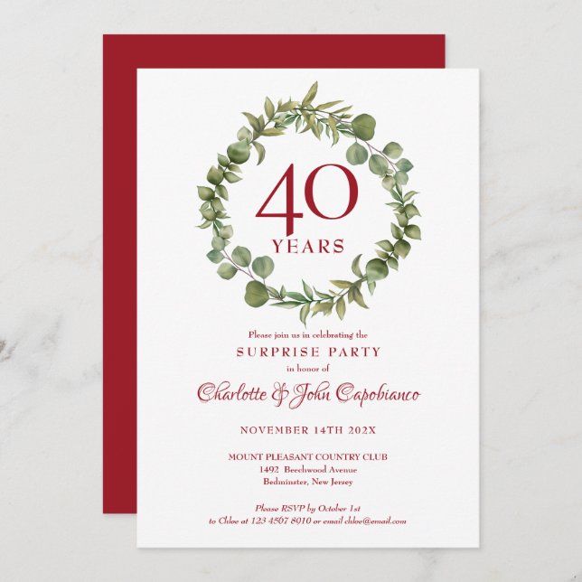 40th Ruby Anniversary Surprise Party Garland Invitation (Front/Back)