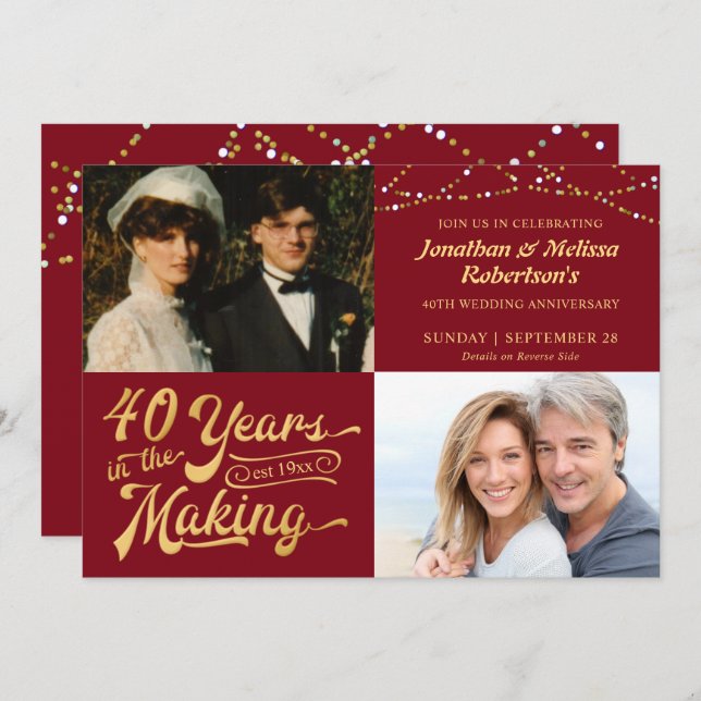 40th Ruby Anniversary Then & Now Photos Party Invitation (Front/Back)