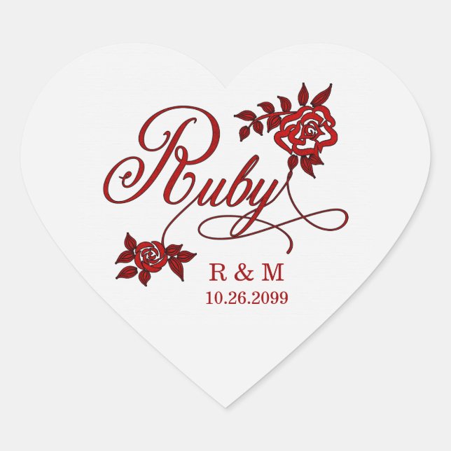 40th Ruby Anniversary with Date and Initials Heart Sticker (Front)