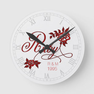 40th Ruby Anniversary with Date and Initials Round Clock
