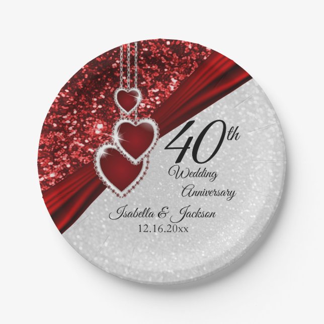 40th Ruby Red and White Glitter Anniversary Paper Plate (Front)