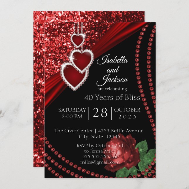 40th Ruby Red Glitter and Rose Anniversary Invitation (Front/Back)