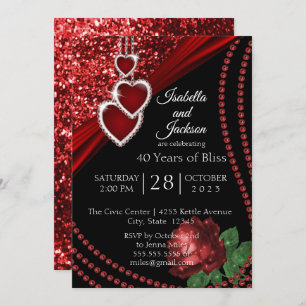 40th Ruby Red Glitter and Rose Anniversary Invitation