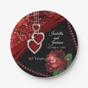 40th Ruby Red Glitter and Rose Anniversary Paper Plate