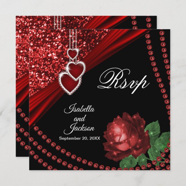 40th Ruby Red Glitter and Rose Rsvp Invitation (Front/Back)