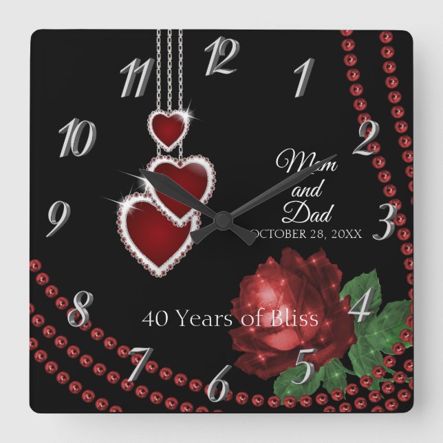 40th Ruby Red Rose Anniversary Square Wall Clock (Front)