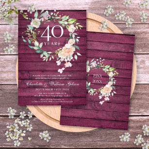 40th Ruby Red Wood Floral Wedding Anniversary Invitation