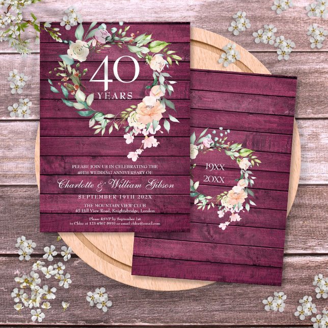 40th Ruby Red Wood Floral Wedding Anniversary Invitation (40th Ruby Red Wood Floral Wedding Anniversary Invitation)