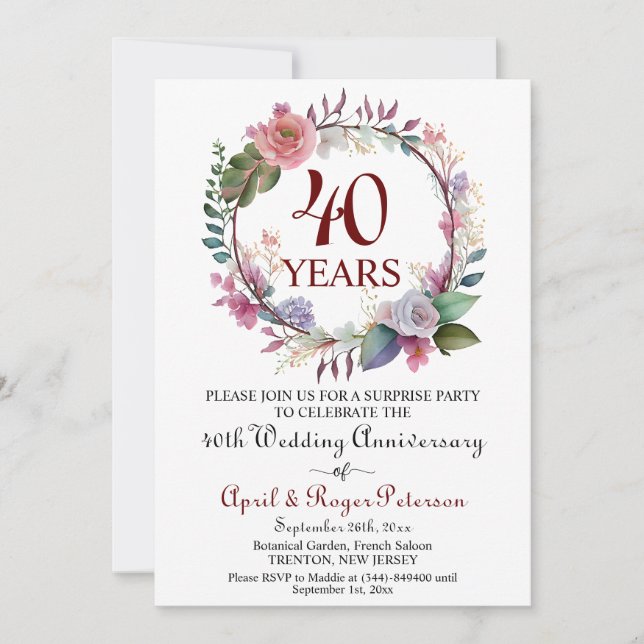 40th Ruby Surprise Wedding Anniversary Floral Invitation (Front)