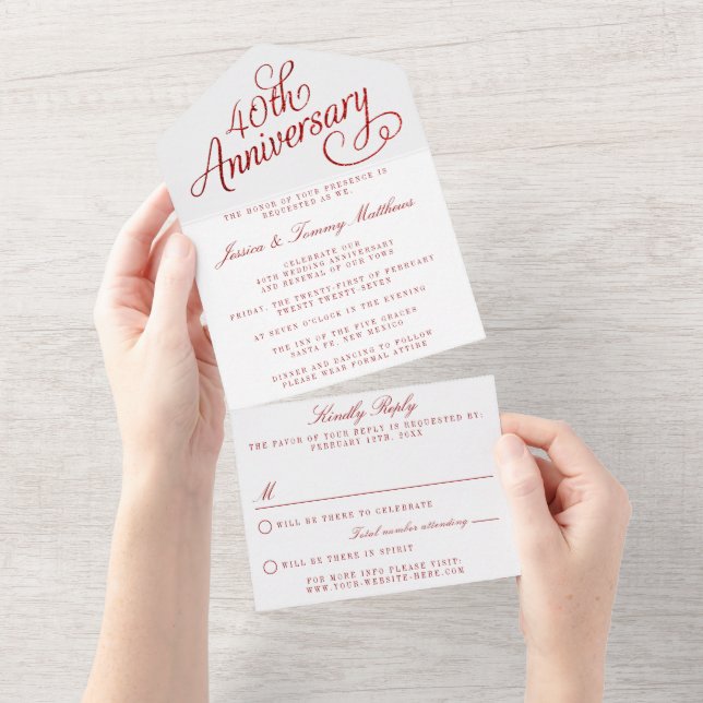 40th Ruby Wedding Anniversary All In One Invitation (Tearaway)