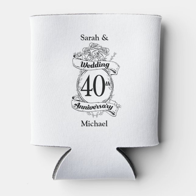 40th Ruby Wedding Anniversary Black and white Can Cooler (Front)