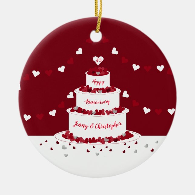 40th ruby wedding anniversary cake design ceramic ornament (Front)