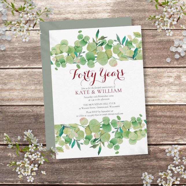 40th Ruby Wedding Anniversary Chic Greenery  Invitation (40th Ruby Wedding Anniversary Chic Greenery Invitation)