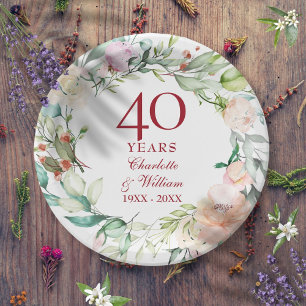 40th Ruby Wedding Anniversary Chic Roses Floral Paper Plate