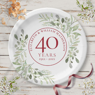40th Ruby Wedding Anniversary Country Greenery Paper Plate