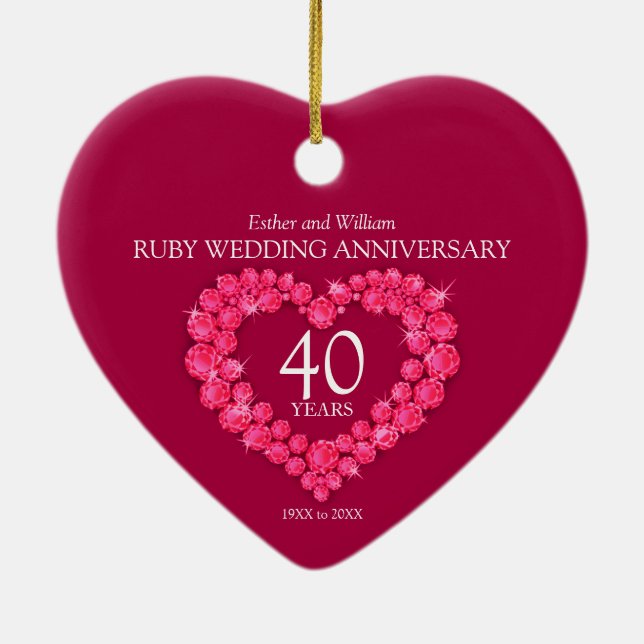 40th ruby wedding anniversary custom photo heart ceramic ornament (Back)
