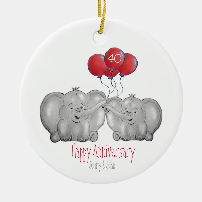 40th ruby wedding anniversary elephant gift ceramic ornament (Front)
