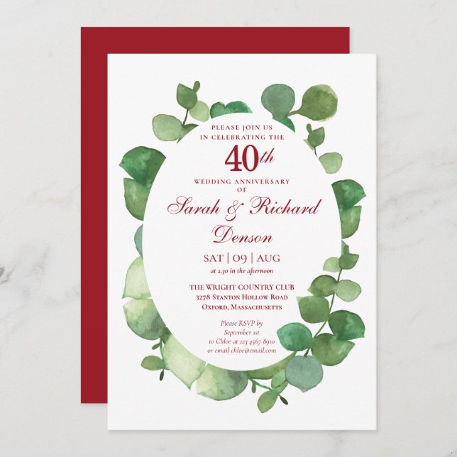 40th Ruby Wedding Anniversary Eucalyptus Greenery Invitation (Front/Back)