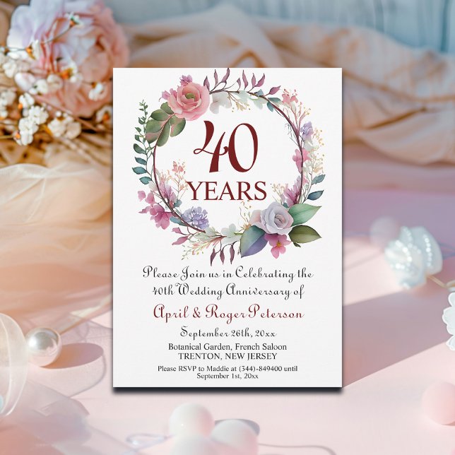 40th Ruby Wedding Anniversary Floral Invitation (Creator Uploaded)