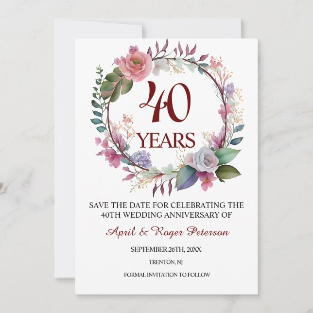 40th Ruby Wedding Anniversary Floral Save The Date (Front)