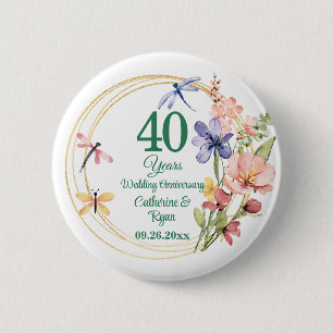 40th Ruby Wedding Anniversary Gold Frame Floral 6 Cm Round Badge