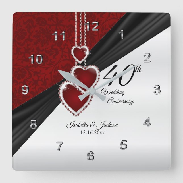 40th Ruby Wedding Anniversary Keepsake Square Wall Clock (Front)