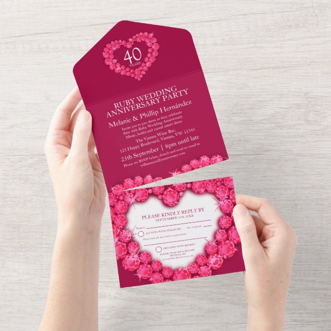 40th ruby wedding anniversary no envelope heart all in one invitation (Tearaway)