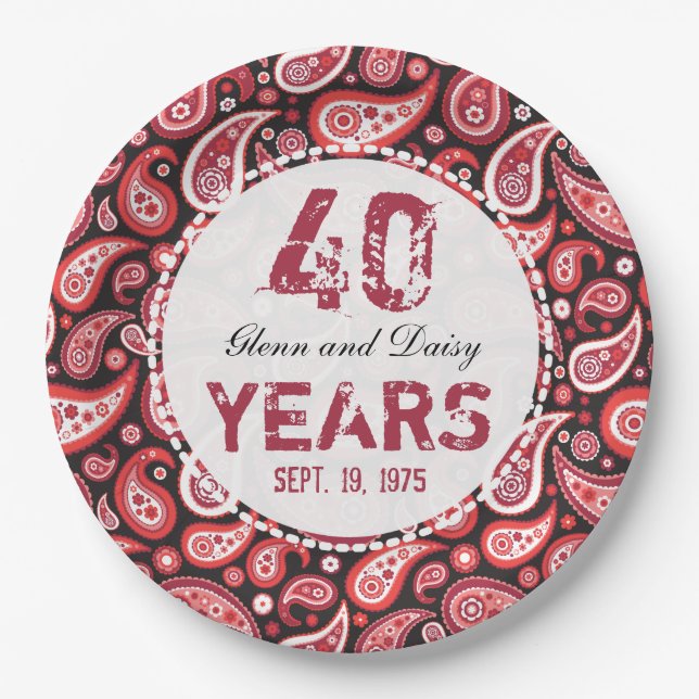 40th Ruby Wedding Anniversary Paisley Pattern Paper Plate (Front)