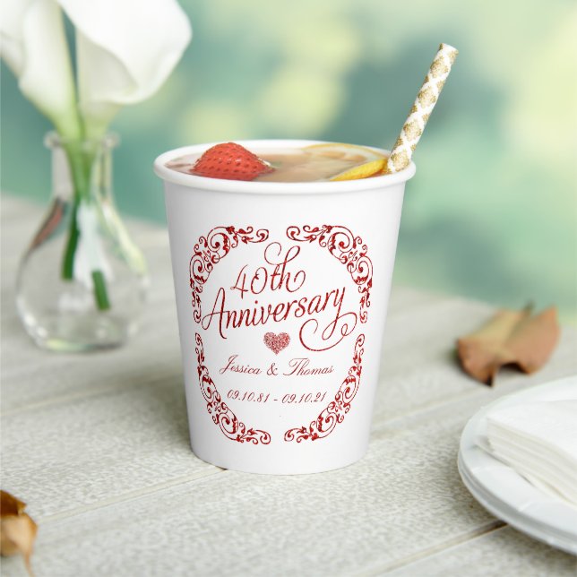 40th Ruby Wedding Anniversary Paper Cups (Insitu)