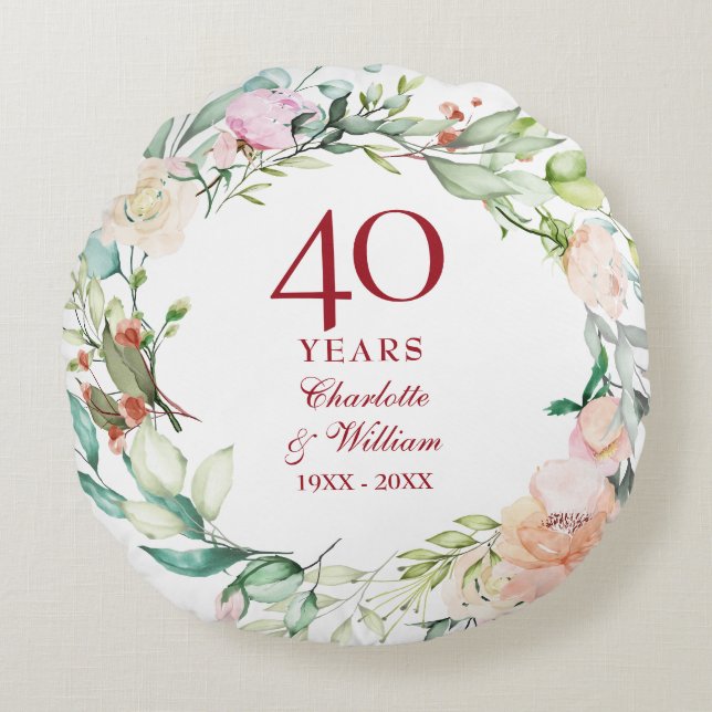 40th Ruby Wedding Anniversary Photo Country Floral Round Cushion (Front)