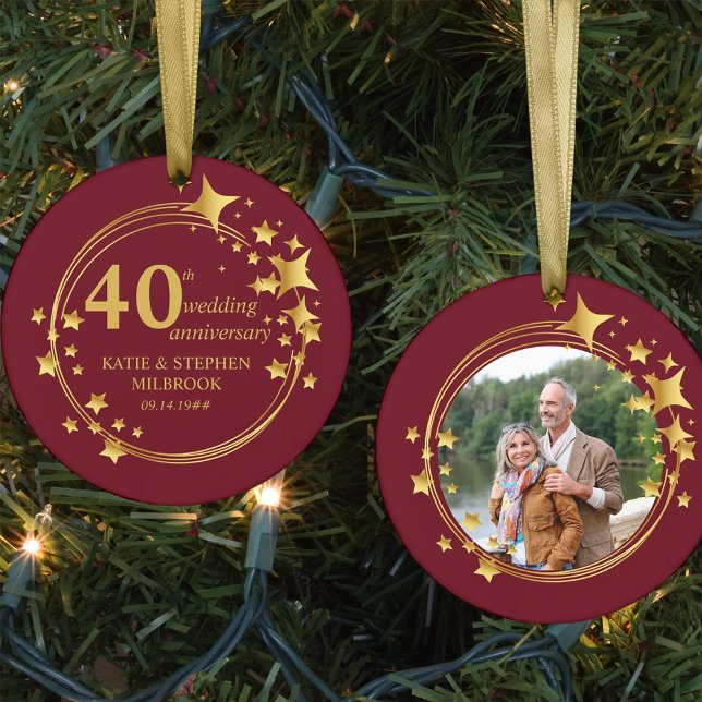 40th Ruby Wedding Anniversary Photo Gold Stars Ceramic Ornament (40th Wedding Anniversary keepsake ornament with photo)