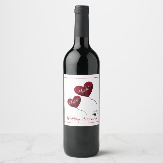 40th Ruby wedding anniversary red heart balloons Wine Label (Front)