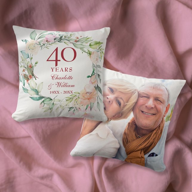 40th Ruby Wedding Anniversary Roses Garland Photo Cushion (40th Ruby Wedding Anniversary Roses Garland Photo Throw Pillow)