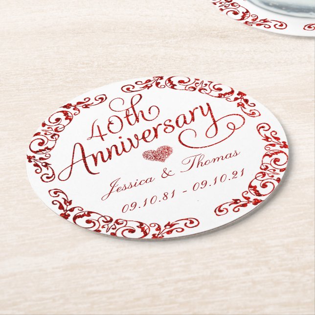 40th Ruby Wedding Anniversary Round Paper Coaster (Angled)